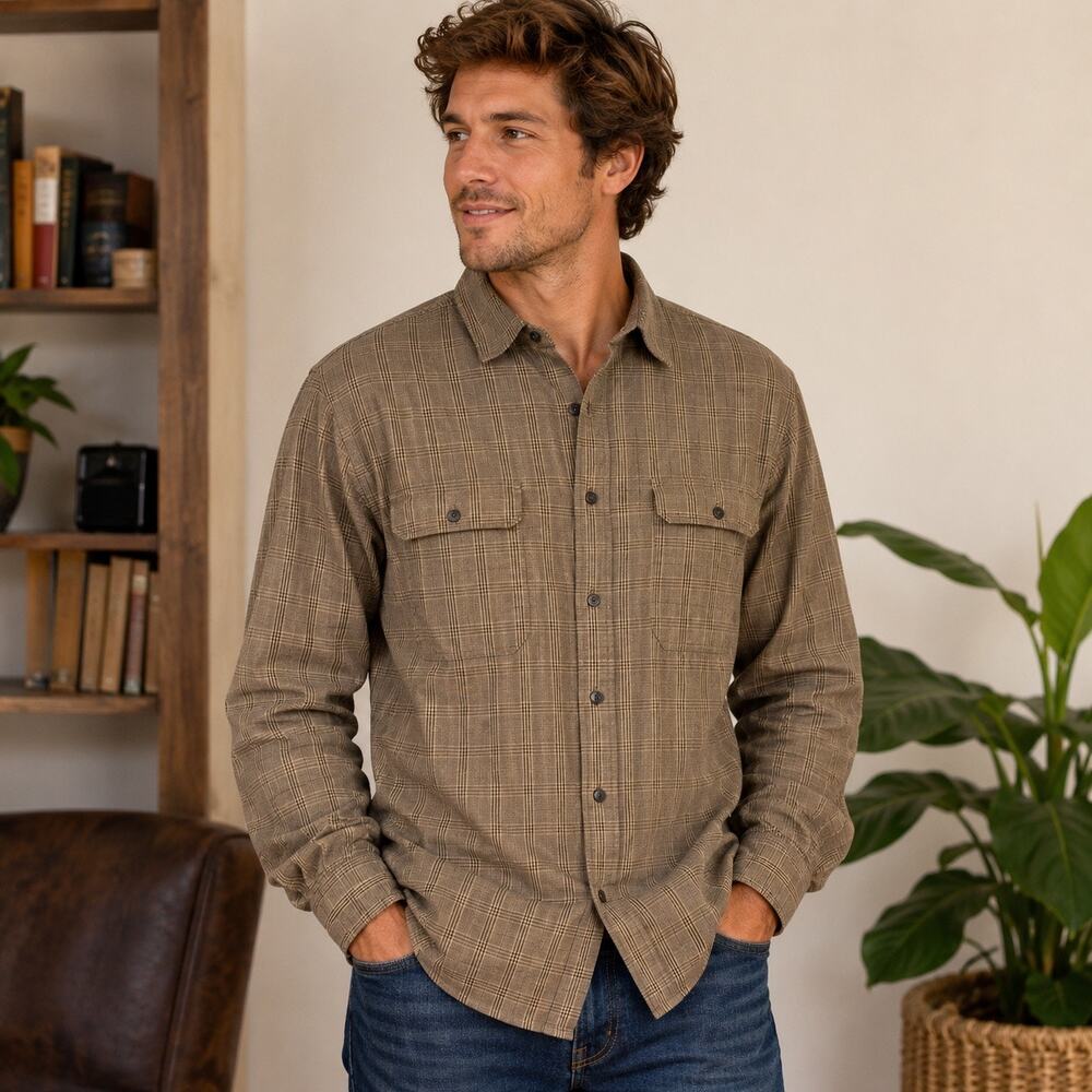 Daniel Cremieux Collection Plaid Shirt Mens Large Italian Fabric Cotton Neutral